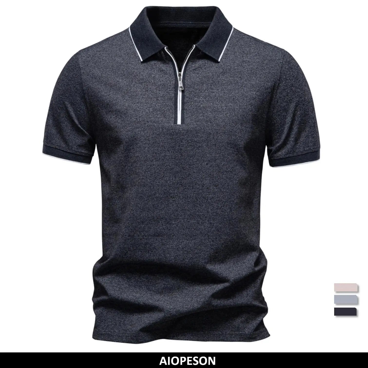 2026 Men's Polo Shirts Cotton Blend Short Sleeve Solid Color Zippered Polo Soft Breathable Lightweight Casual Polo Shirt for Men