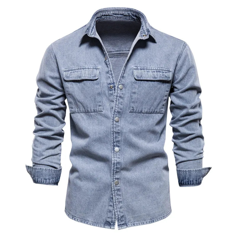 AIOPESON 100% Cotton Men Denim Shirts Solid Color Double Pocket Casual Long Sleeve Shirts for Men Autumn Thick Cowboy Shirts Men
