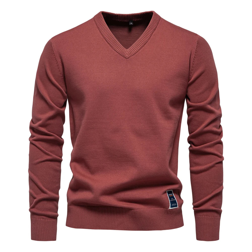 AIOPESON Mens V-neck Solid Cotton Pullover Sweaters Long Sleeve Casual Social Knitted Sweaters for Men