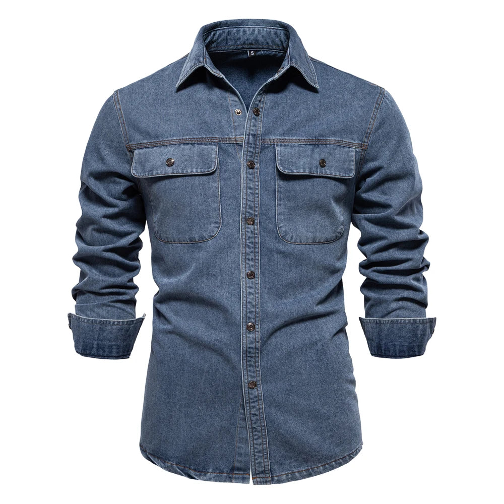 AIOPESON Brand New Mens 100% Cotton Denim Shirts Double Pocket Casual Cowboy Mens Shirts Long Sleeve Autumn Jeans Shirts for Men