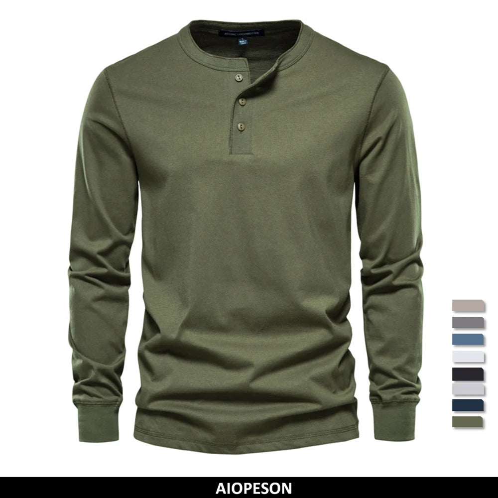 AIOPESON Men's Long Sleeve Button Down T-Shirts Autumn Henley Collar Casual High Quality 100% Cotton Crew Neck Mens T Shirts